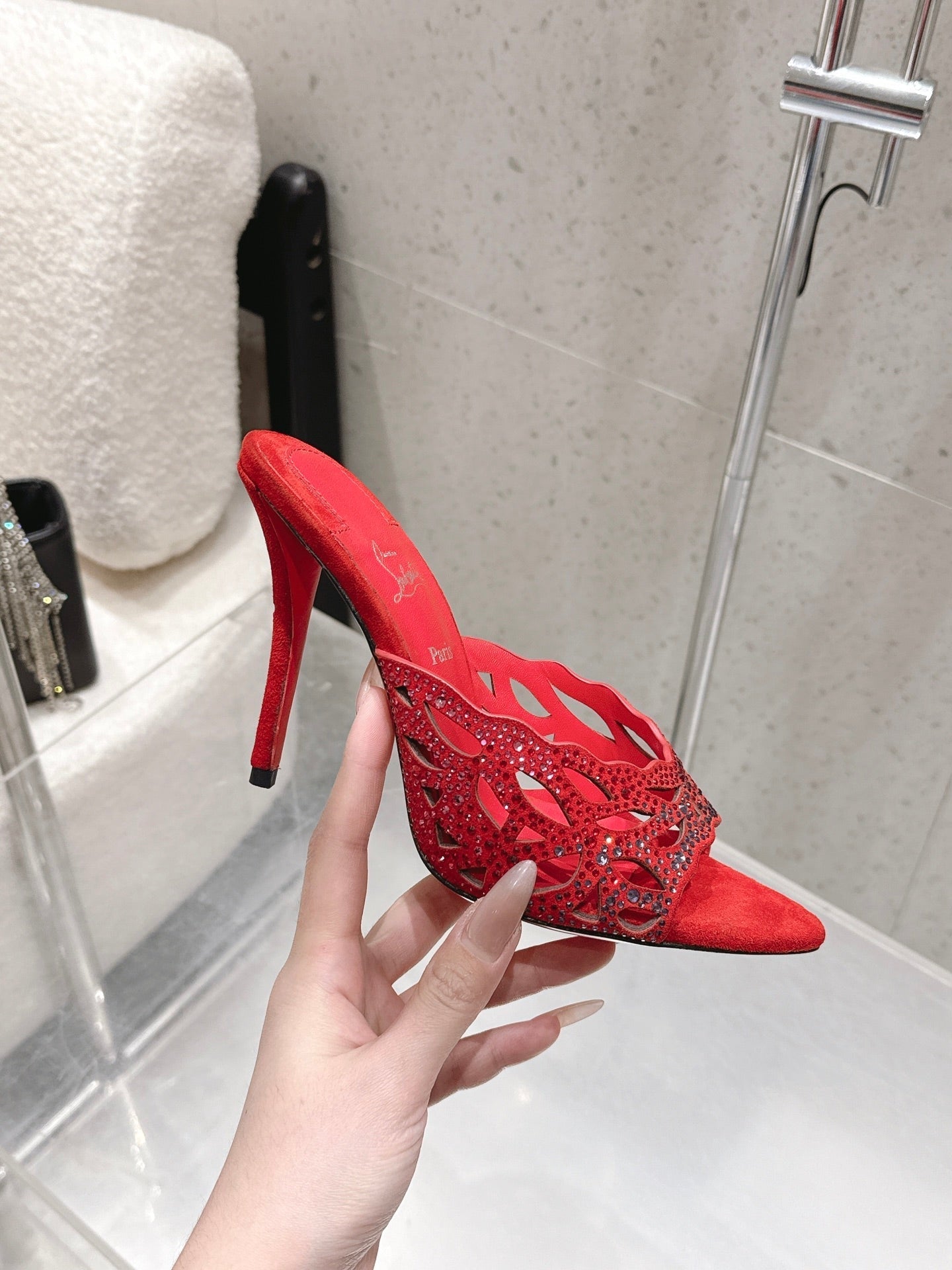 CL 26SS High-Heeled Slippers 100 Red Suede Sheepskin 636693
