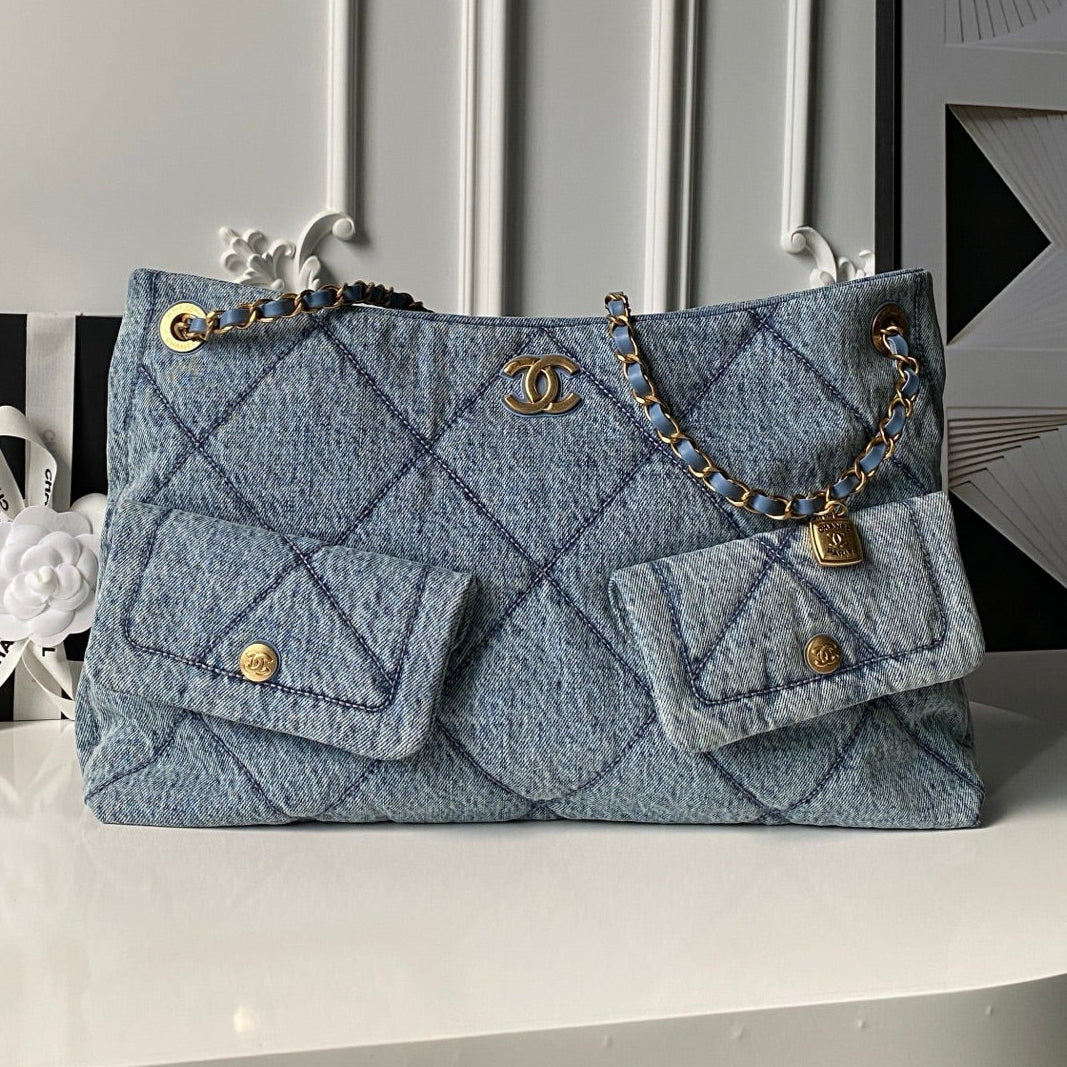 CC 2025 Classic Flap Bag Blue Denim Fabric Gold Hardware 296416
