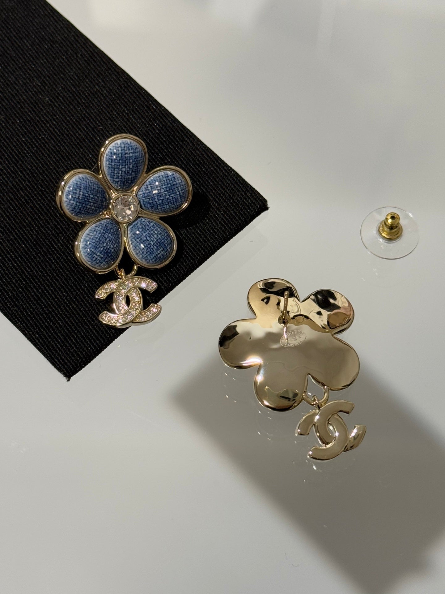 Chanel 2026 Denim Enamel Flower Crystal Light Gold Diamond Earrings