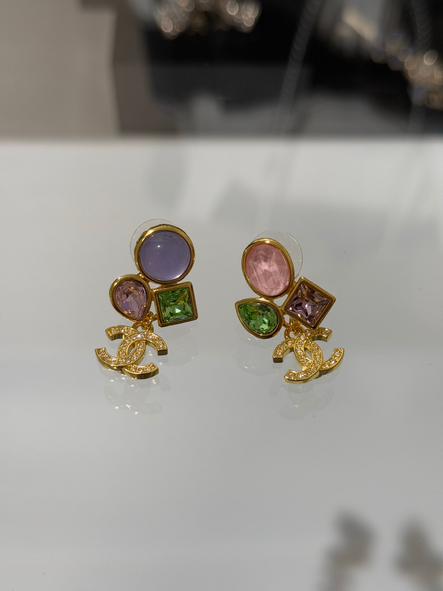 Chanel 2026 Gemstone Gold Full Diamond Double C Glass Pearl AB Style Earrings