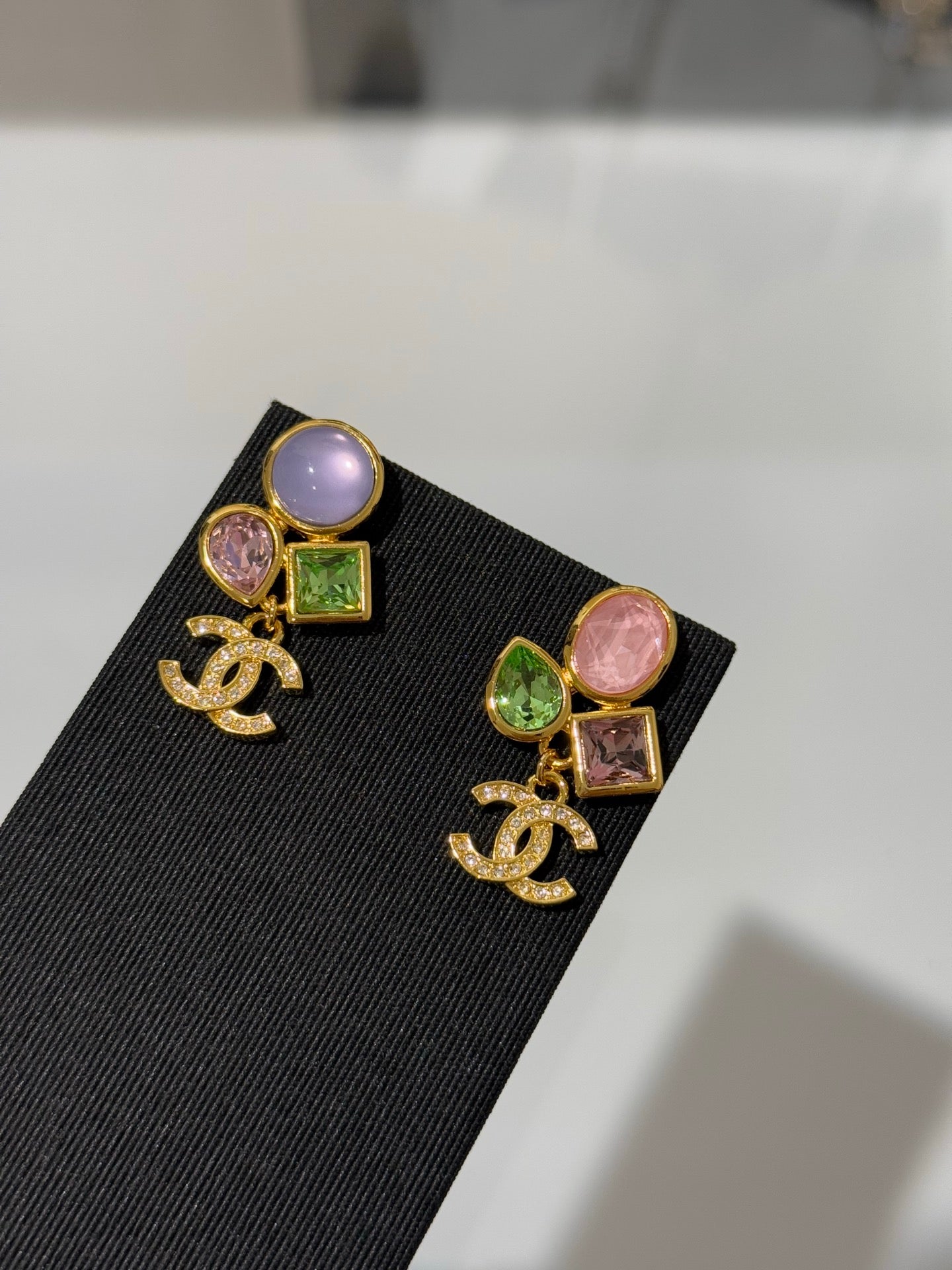 Chanel 2026 Gemstone Gold Full Diamond Double C Glass Pearl AB Style Earrings