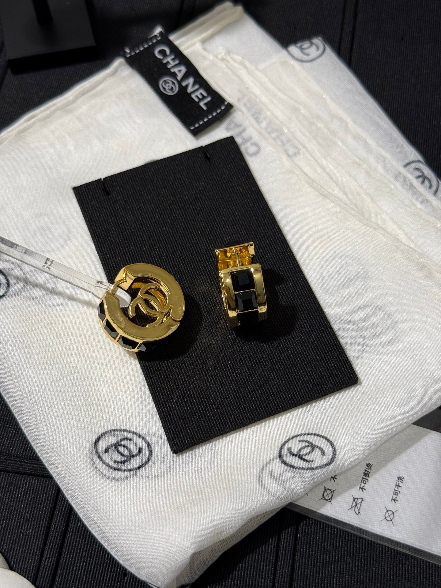 Chanel 2026 Black Square Diamond Gold Double C Hoop Earrings Stud Earrings