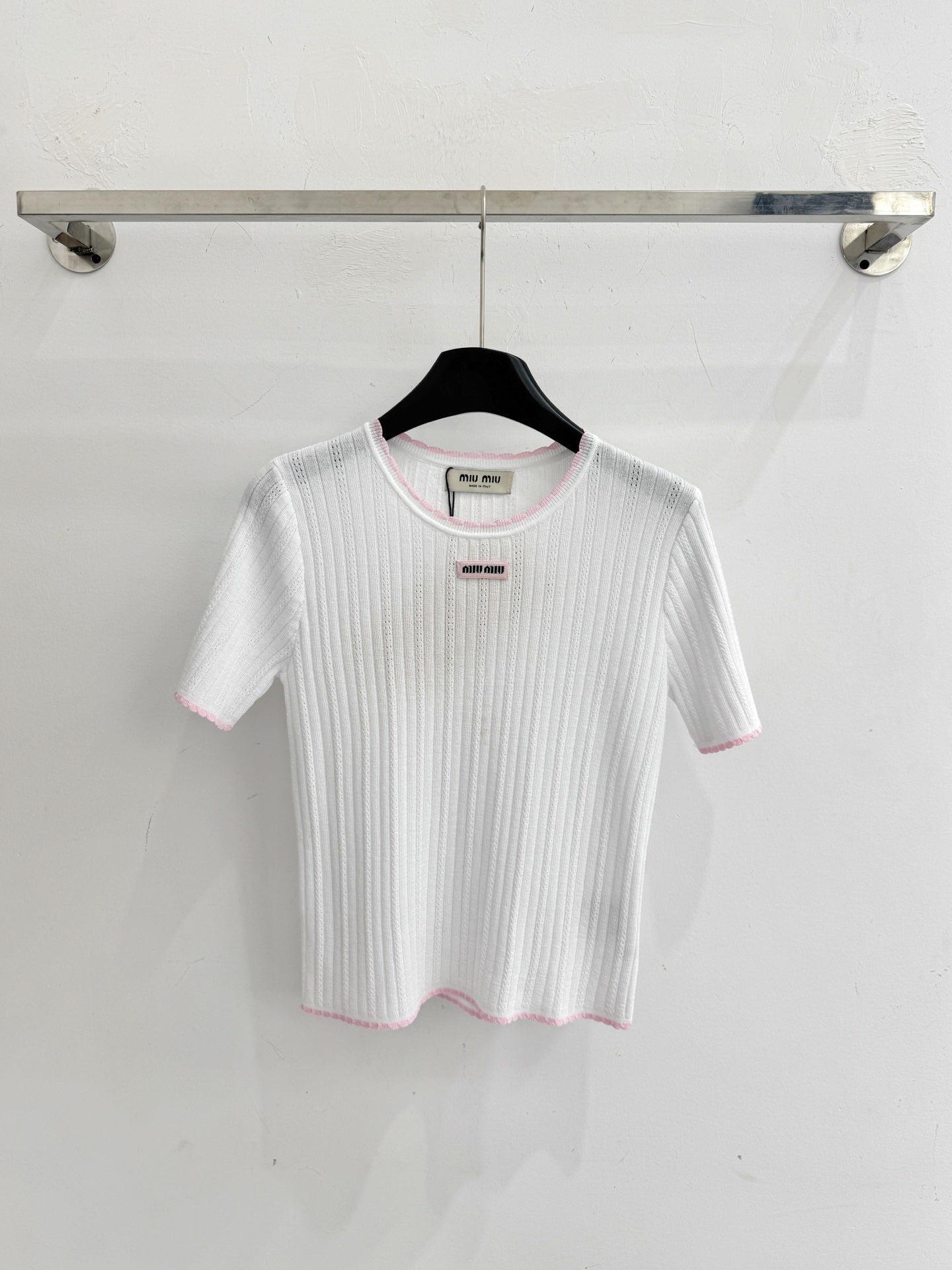Miumiu 2026 Pink-trimmed Knit Short-sleeved Top Tencel Nylon 179459