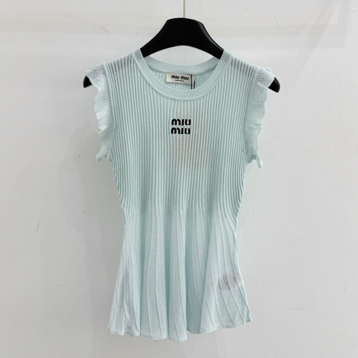 Miumiu 2026 Ruffled Sleeveless Knitwear Light Blue Cotton 516685