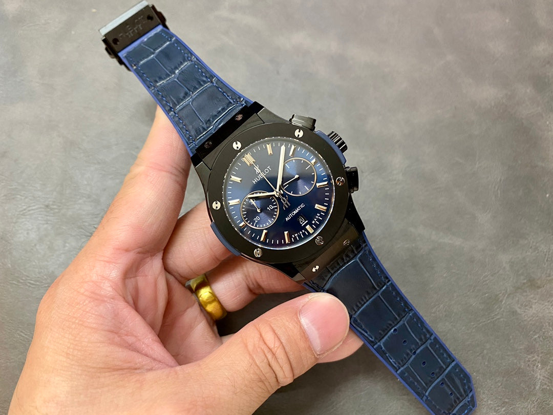 Hublot Classic Fusion Chronograph Watch 45mm Black Ceramic Case Blue Leather Strap
