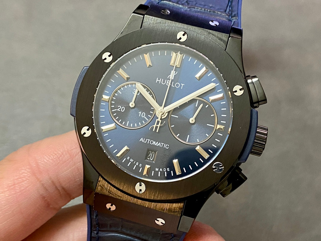 Hublot Classic Fusion Chronograph Watch 45mm Black Ceramic Case Blue Leather Strap