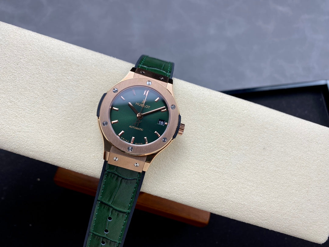 Hublot Classic Fusion 38mm Rose Gold Green Dial Green Leather Strap