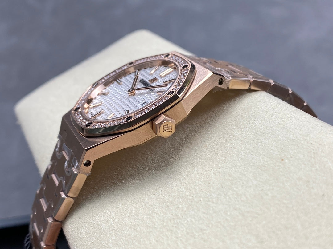 Audemars Piguet Royal Oak Lady 33mm Rose Gold White Dial Diamond Bezel