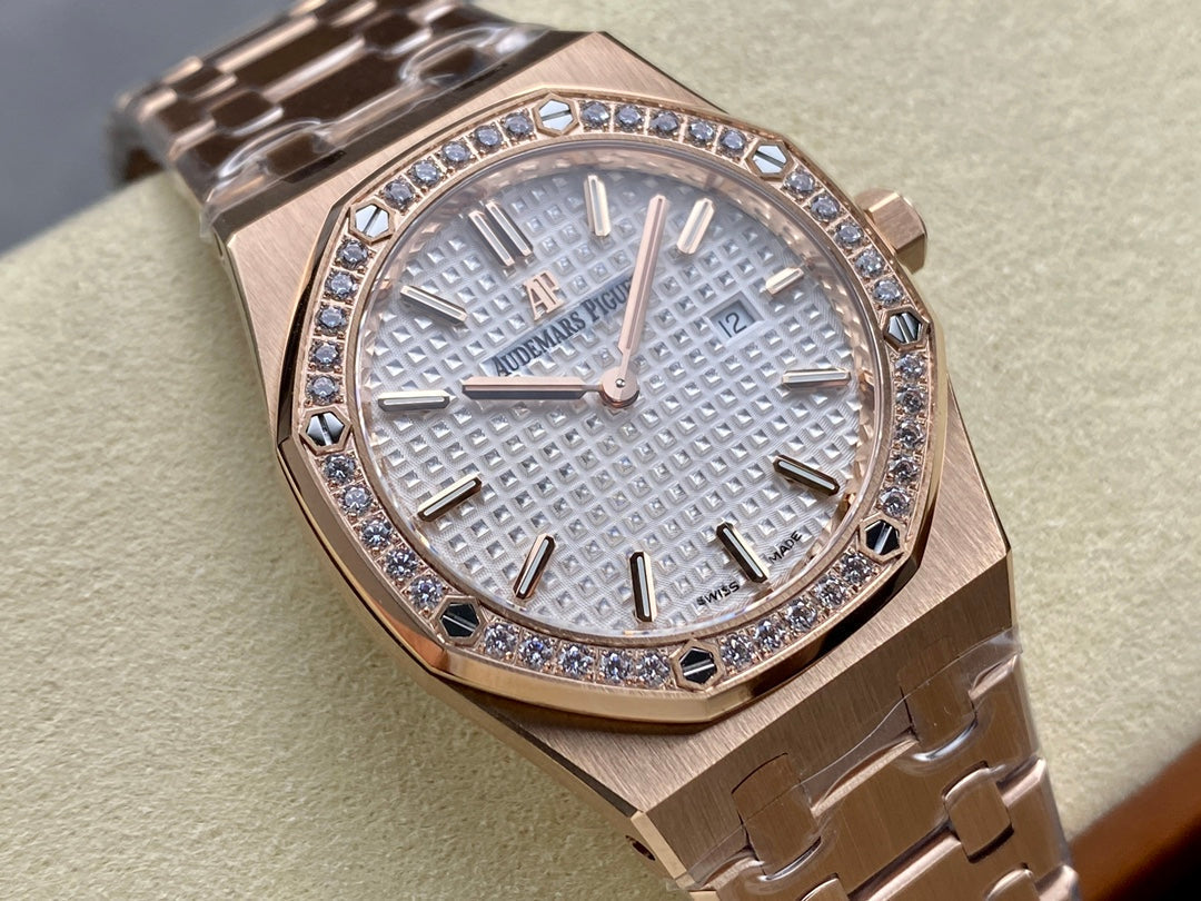 Audemars Piguet Royal Oak Lady 33mm Rose Gold White Dial Diamond Bezel