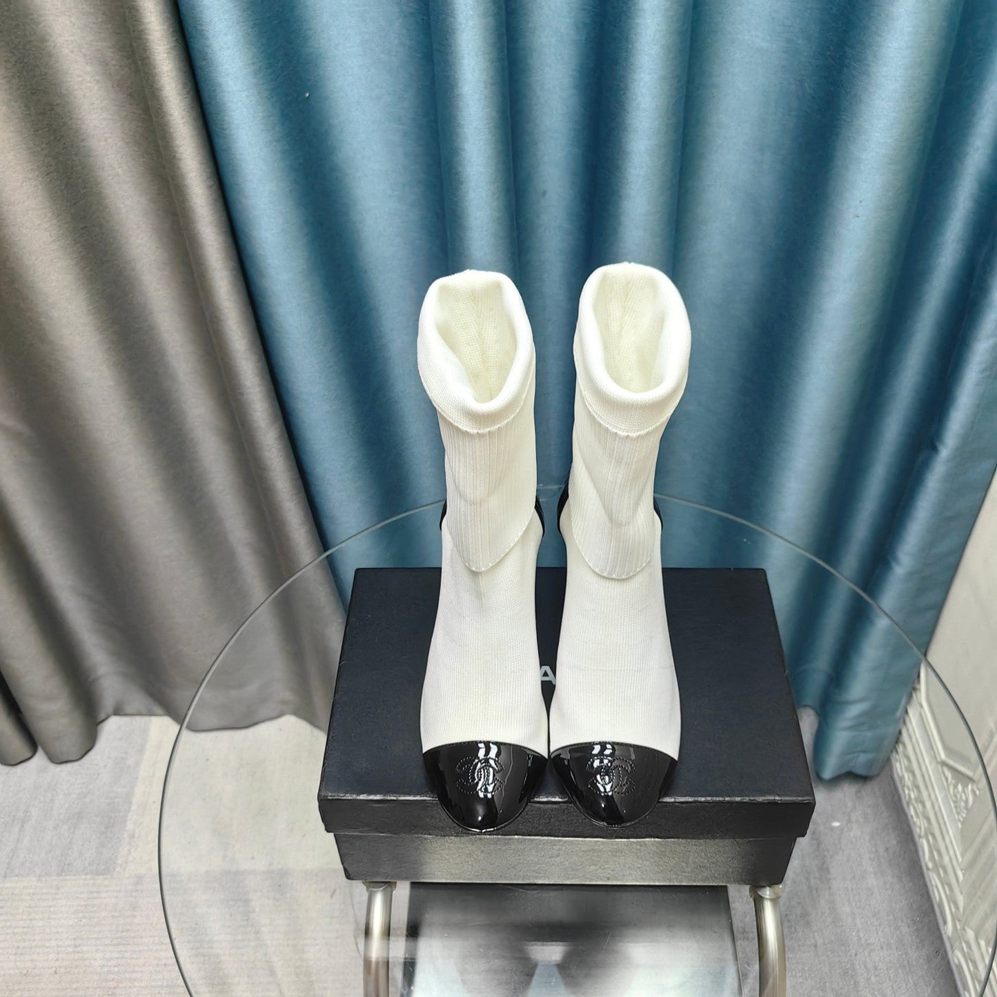 CC Short Boots 80mm White Wool Fabric And Lambskin