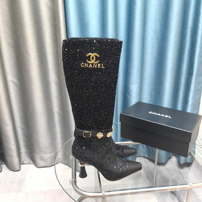 CC High Boots Black Beaded Fabric And Cowhide
