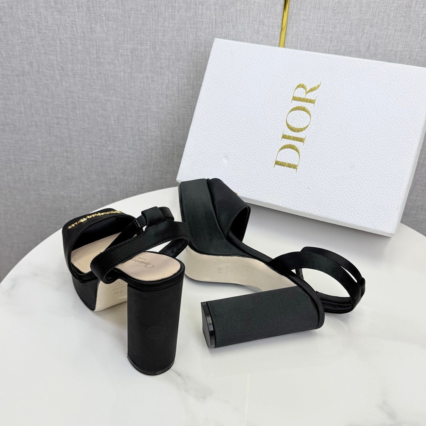 CD 26s Platform Sandals 80 Black Beige Satin Sheepskin 640230