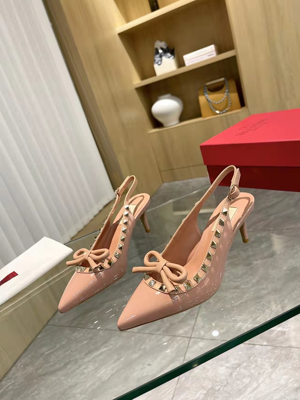 Valentino Rockstud Bow Slingback Pumps 65mm Patent Leather
