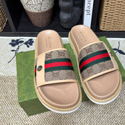 GG Men's Web Slide Beige Canvas Cowhide 595537