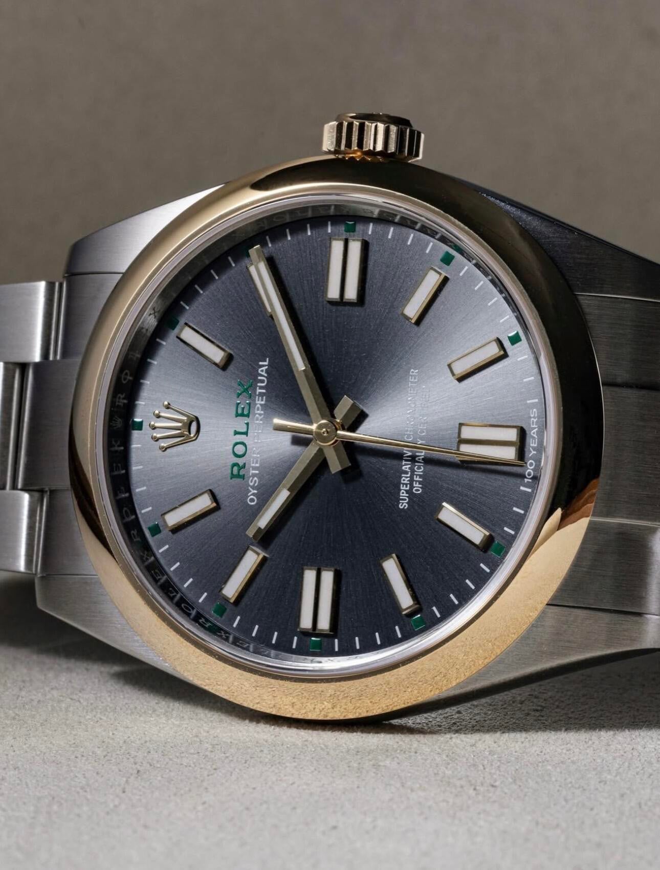 Rolex Oyster Perpetual 41mm Grey Dial Gold Bezel