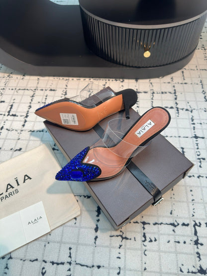 Alaia Heart With Crystals 90mm Heels Mules Dark Blue Sheepskin 800948