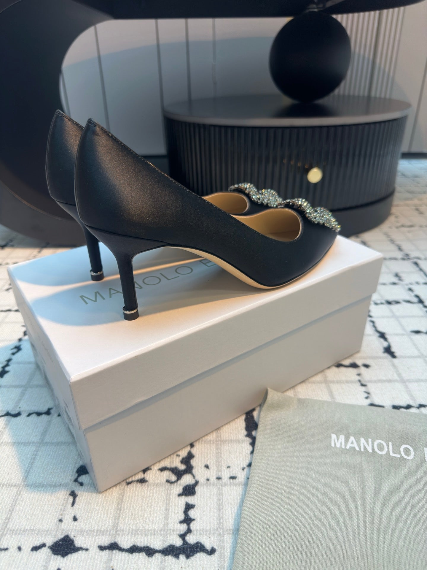 Manolo Blahnik Hangisi Embellished Pumps Black Satin  Leather
