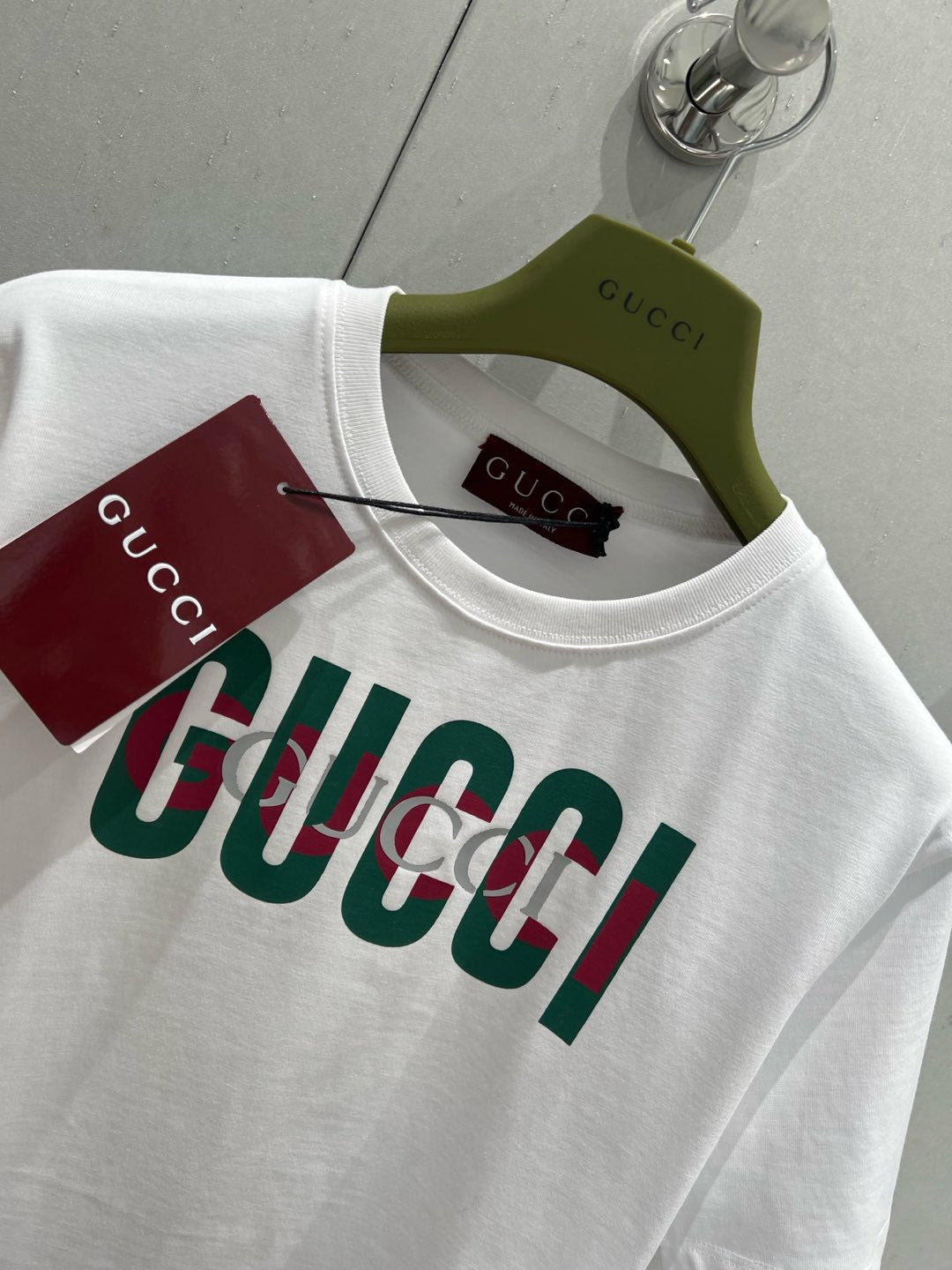 Gucci 2025 Print Short Sleeve T-shirt White Green Red Cotton
