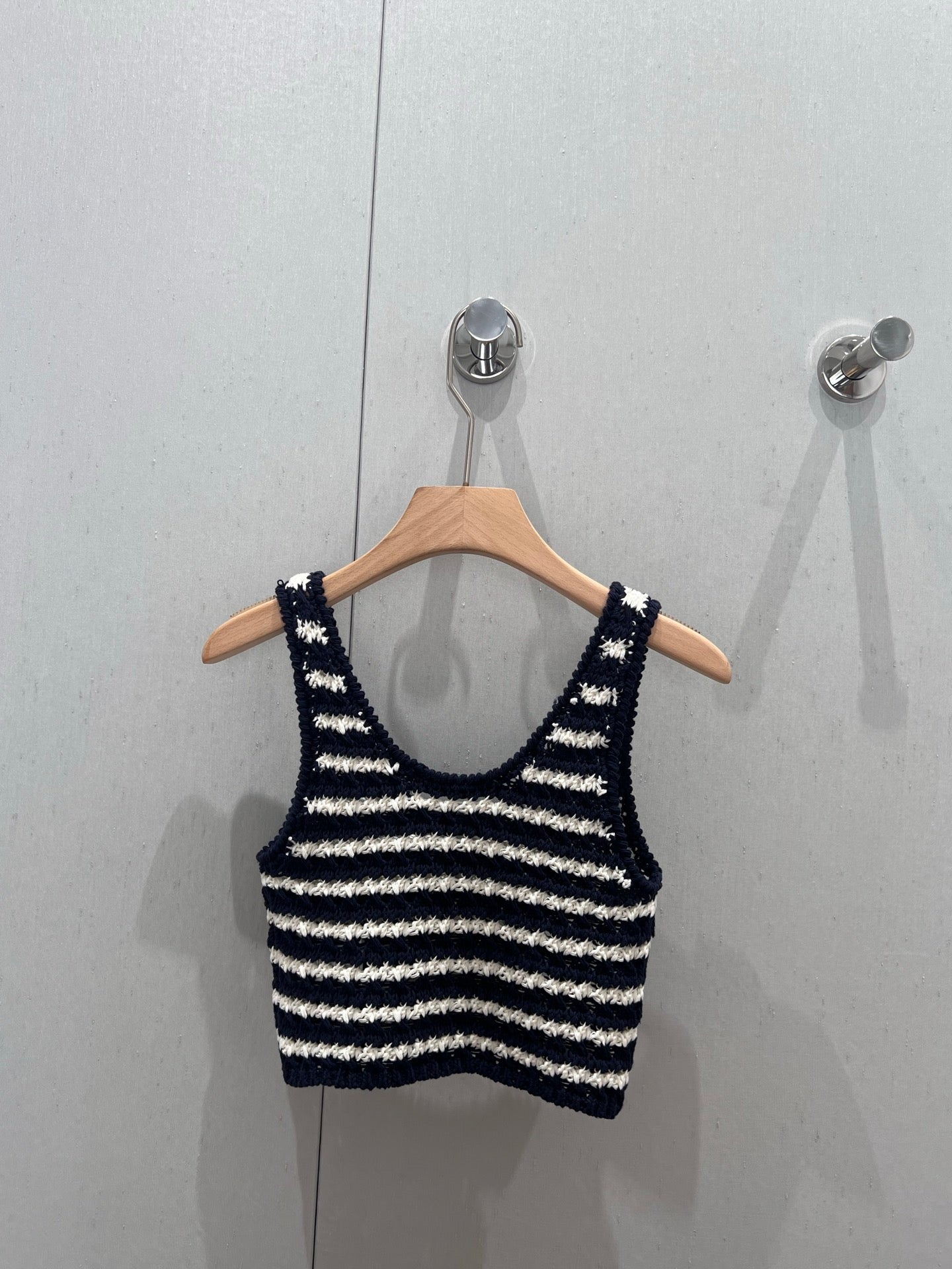Prada 25 Striped Knitted Crop Top Navy Blue mix White Cotton 219409