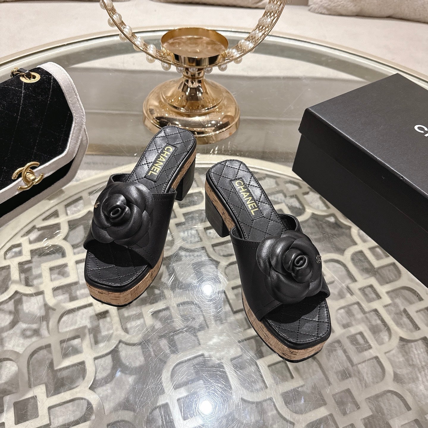 CC 26s Camellia Platform Slippers 65 Black Lambskin 627048