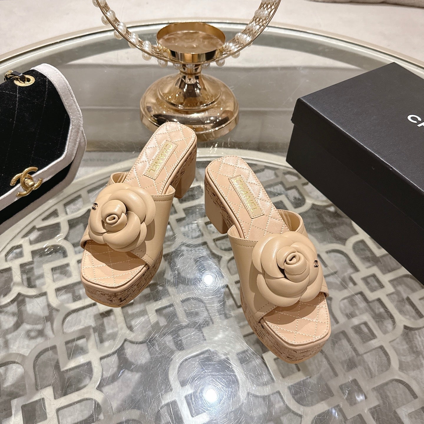 CC 26s Camellia Platform Slippers 65 Beige Lambskin 627049