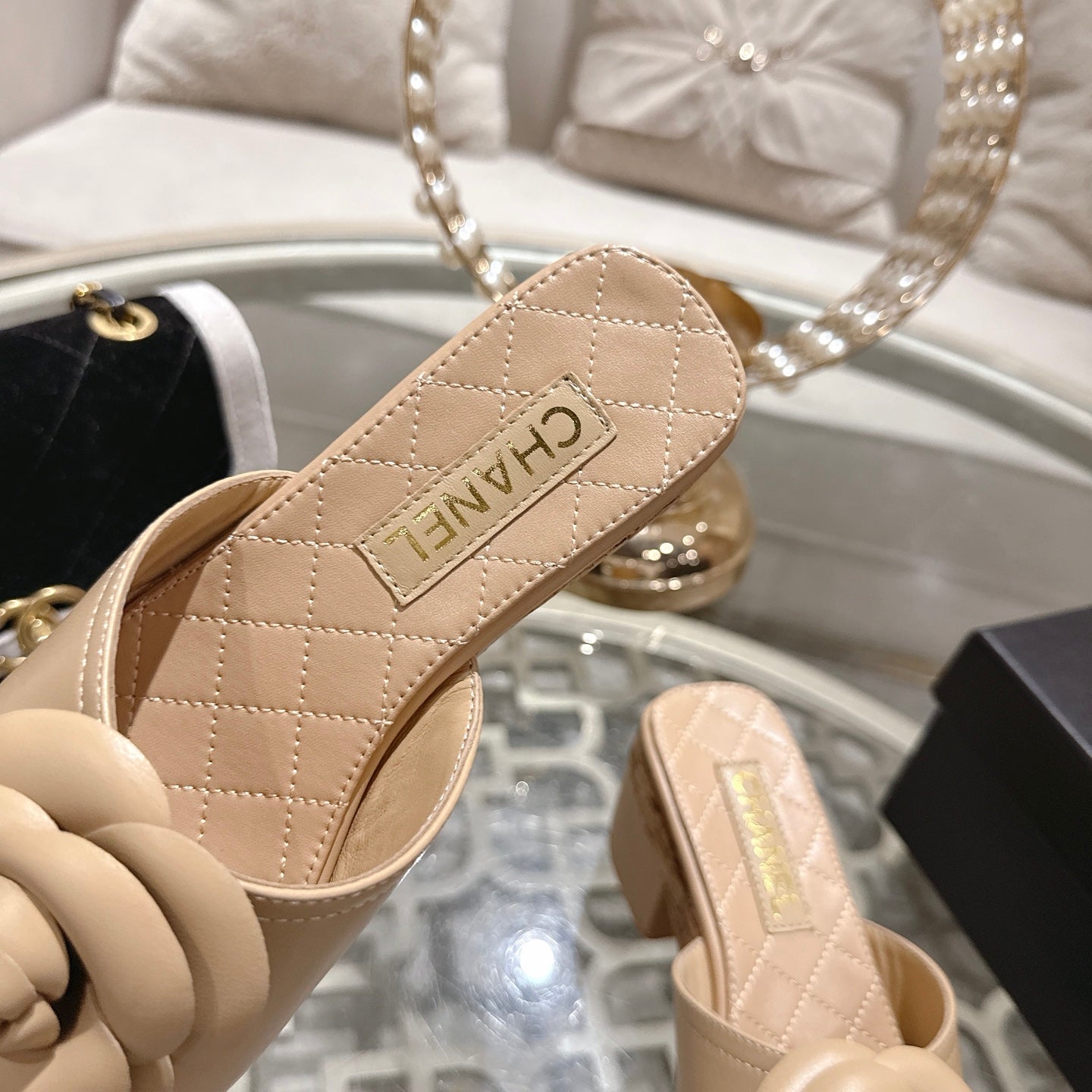 CC 26s Camellia Platform Slippers 65 Beige Lambskin 627049
