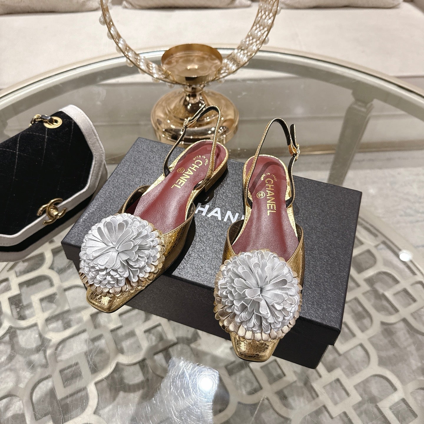 CC 26s Floral Backless Sandals Gold Sliver Sheepskin 627020