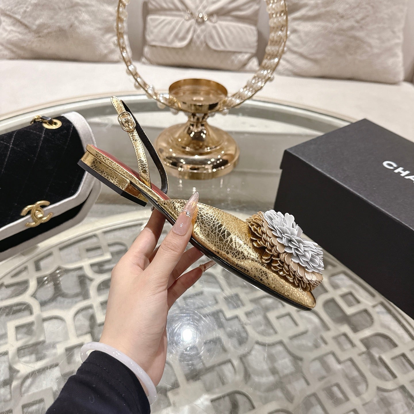 CC 26s Floral Backless Sandals Gold Sliver Sheepskin 627020