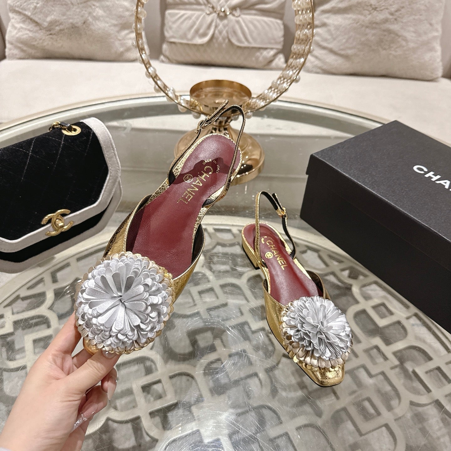 CC 26s Floral Backless Sandals Gold Sliver Sheepskin 627020