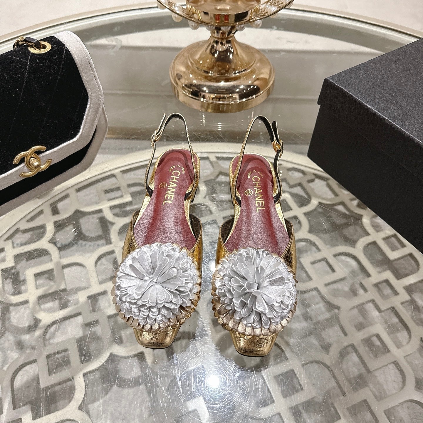 CC 26s Floral Backless Sandals Gold Sliver Sheepskin 627020