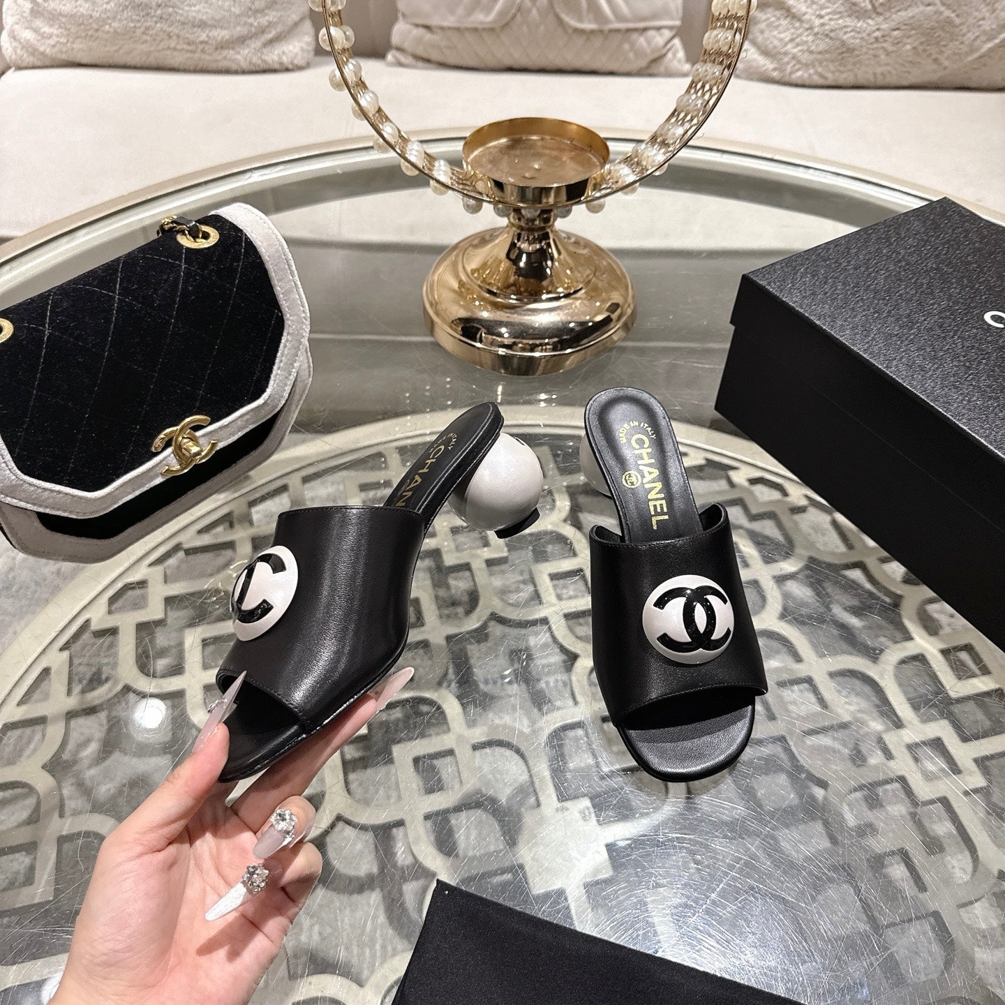Chanel 2026 Double C Pearl High-Heeled Sandals Leather Lambskin 834456