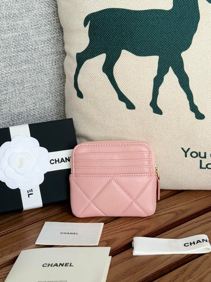 cc 19 zipped coin purse 11cm pink lambskin gold hardware