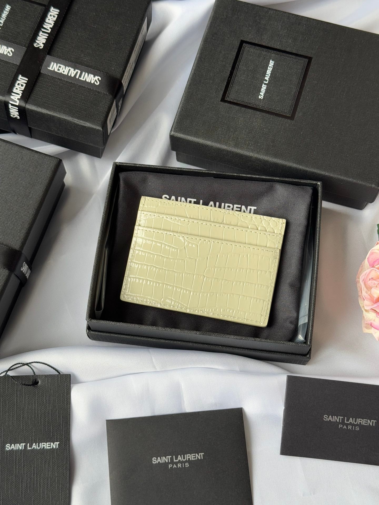 YSL Card Holder 10cm Wallet Cream Gold Leather 240565