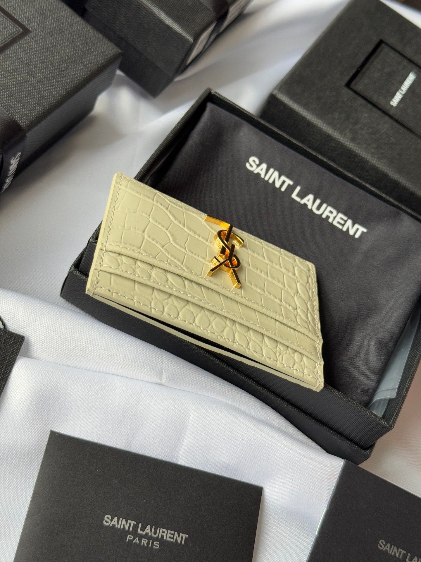 YSL Card Holder 10cm Wallet Cream Gold Leather 240565