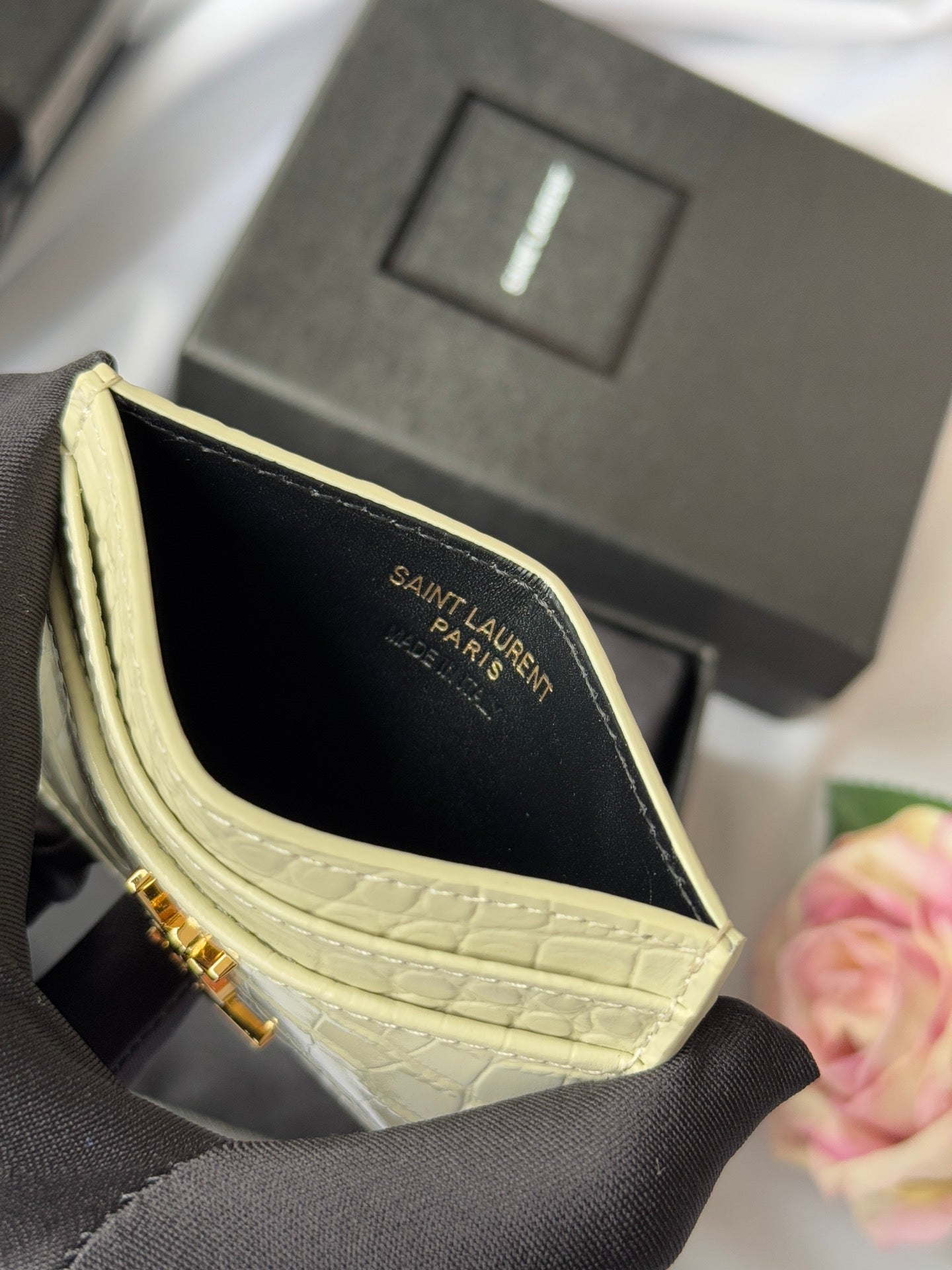 YSL Card Holder 10cm Wallet Cream Gold Leather 240565
