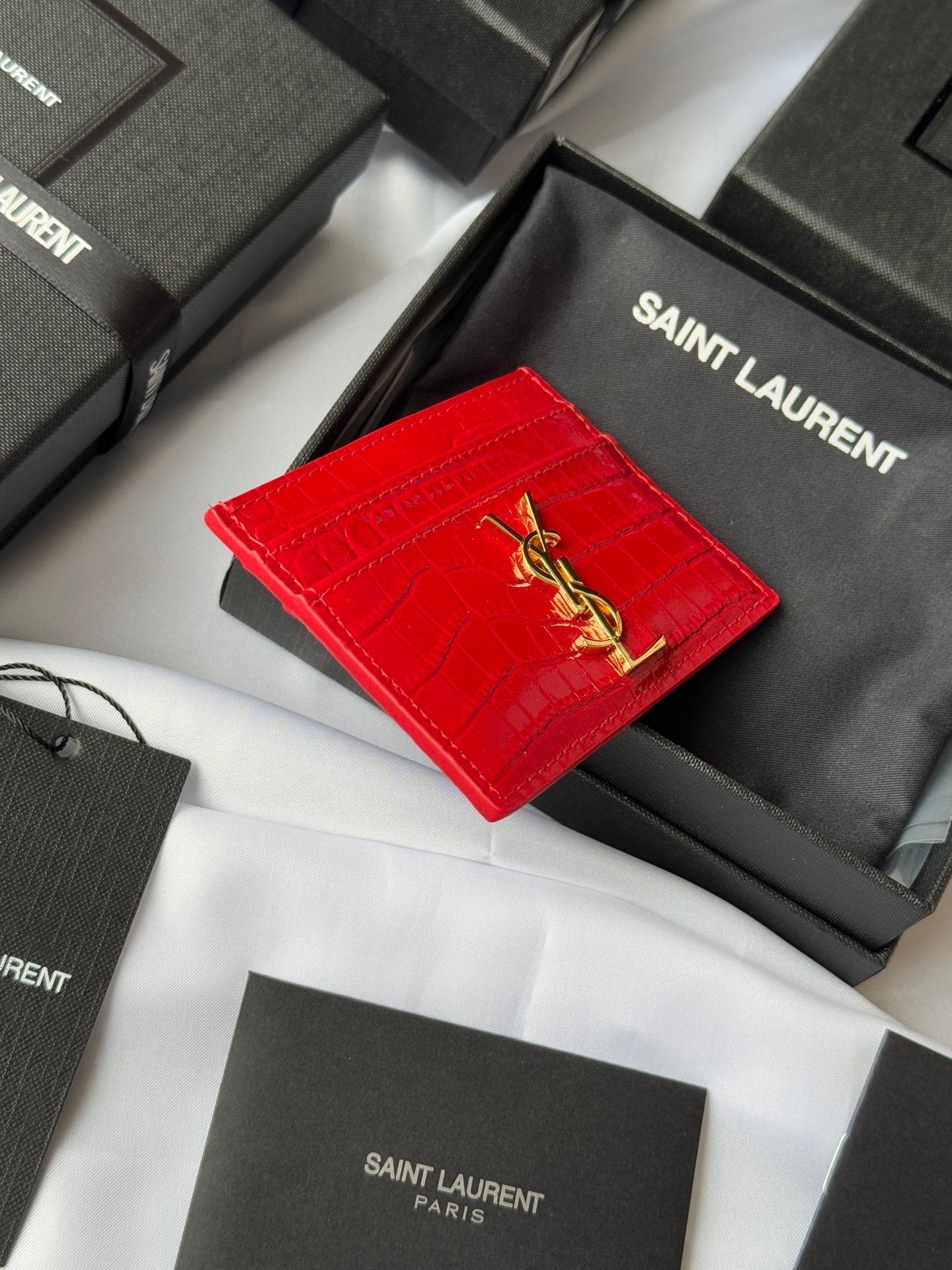 YSL Card Holder 10cm Wallet Red Gold Leather 240563