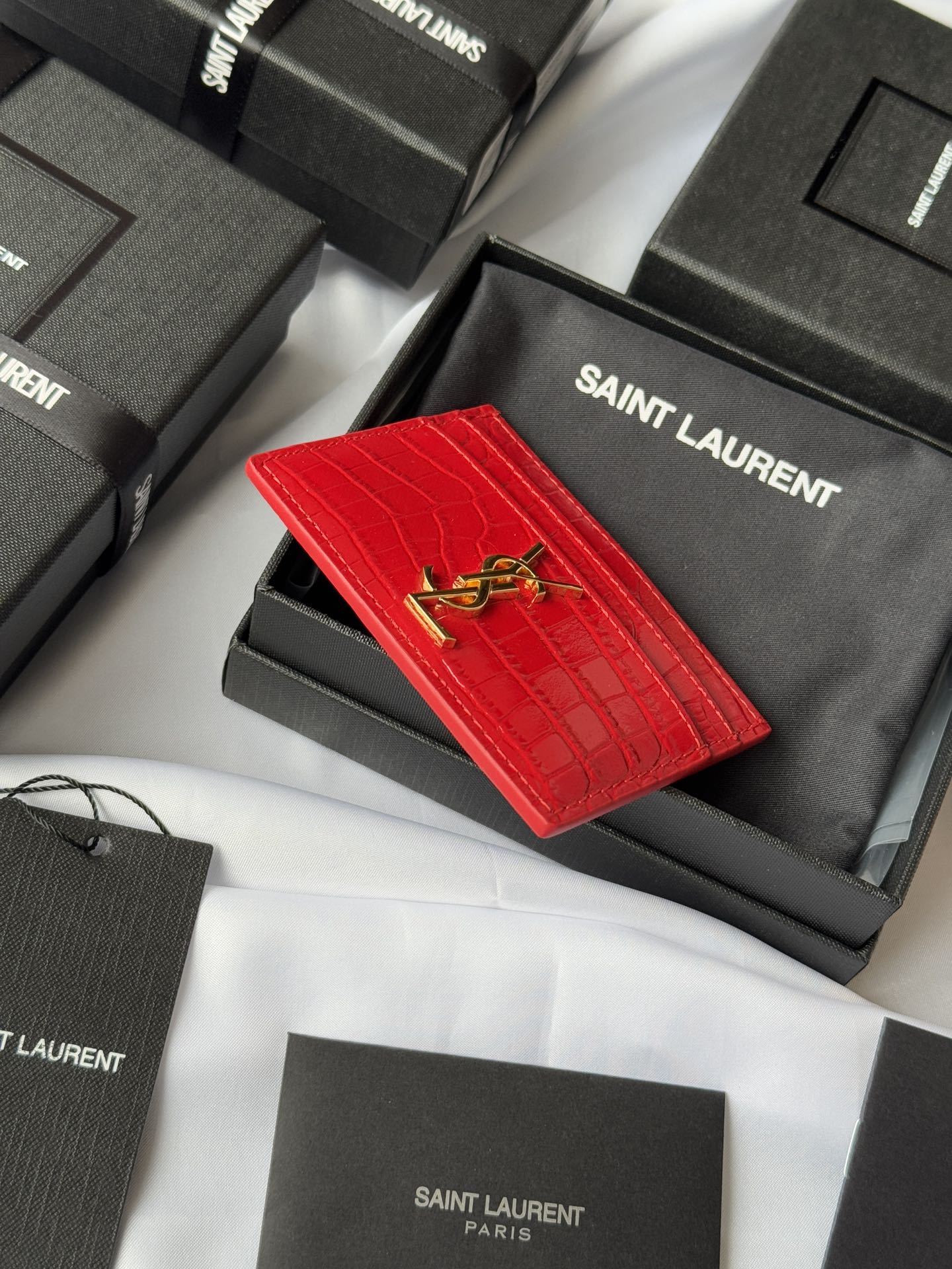 YSL Card Holder 10cm Wallet Red Gold Leather 240563