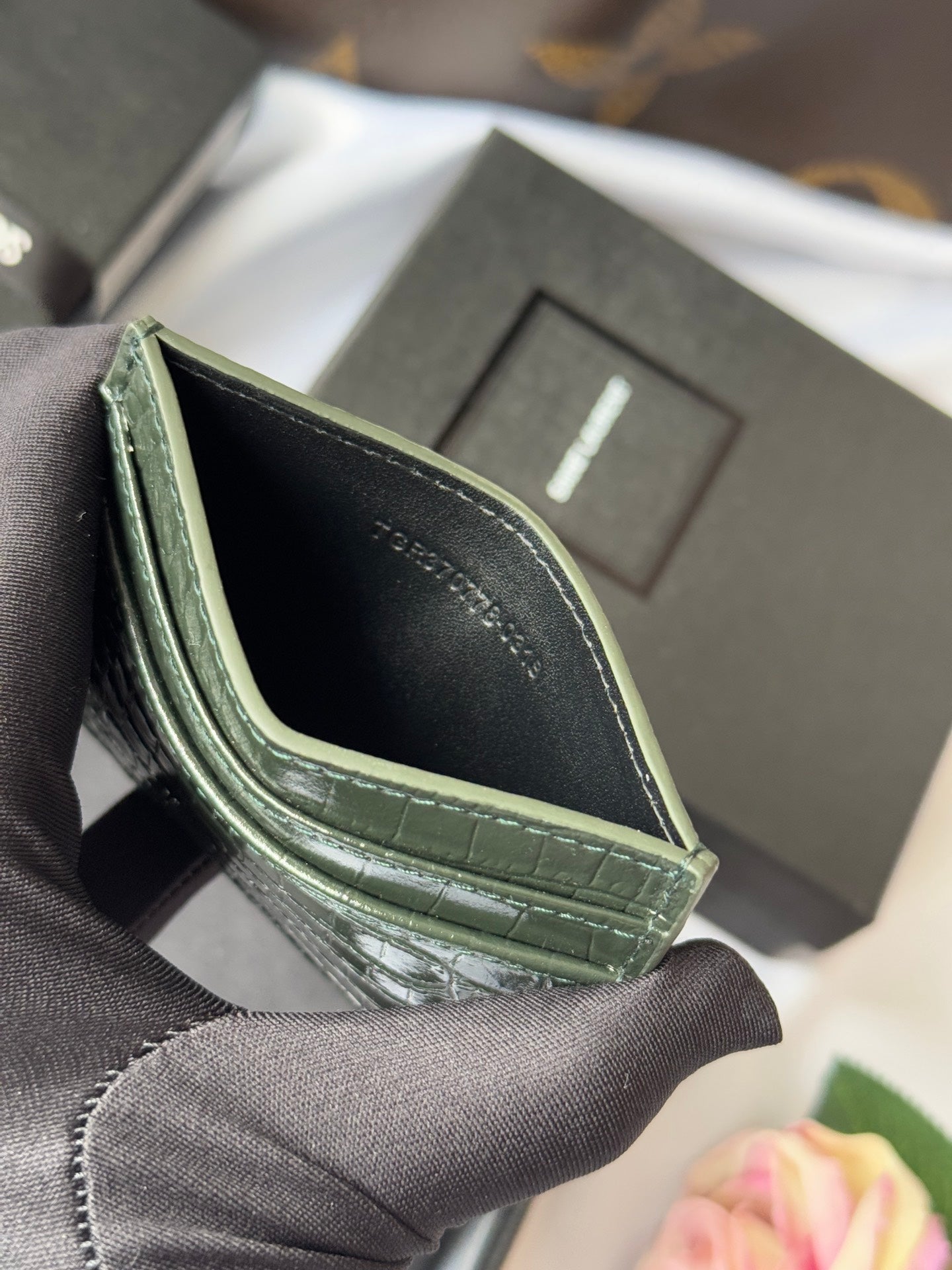 YSL Card Holder 10cm Wallet Dark Green Gold Leather 240561