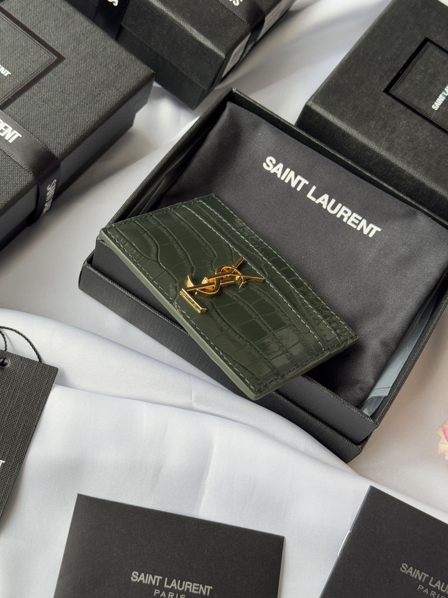 YSL Card Holder 10cm Wallet Dark Green Gold Leather 240561