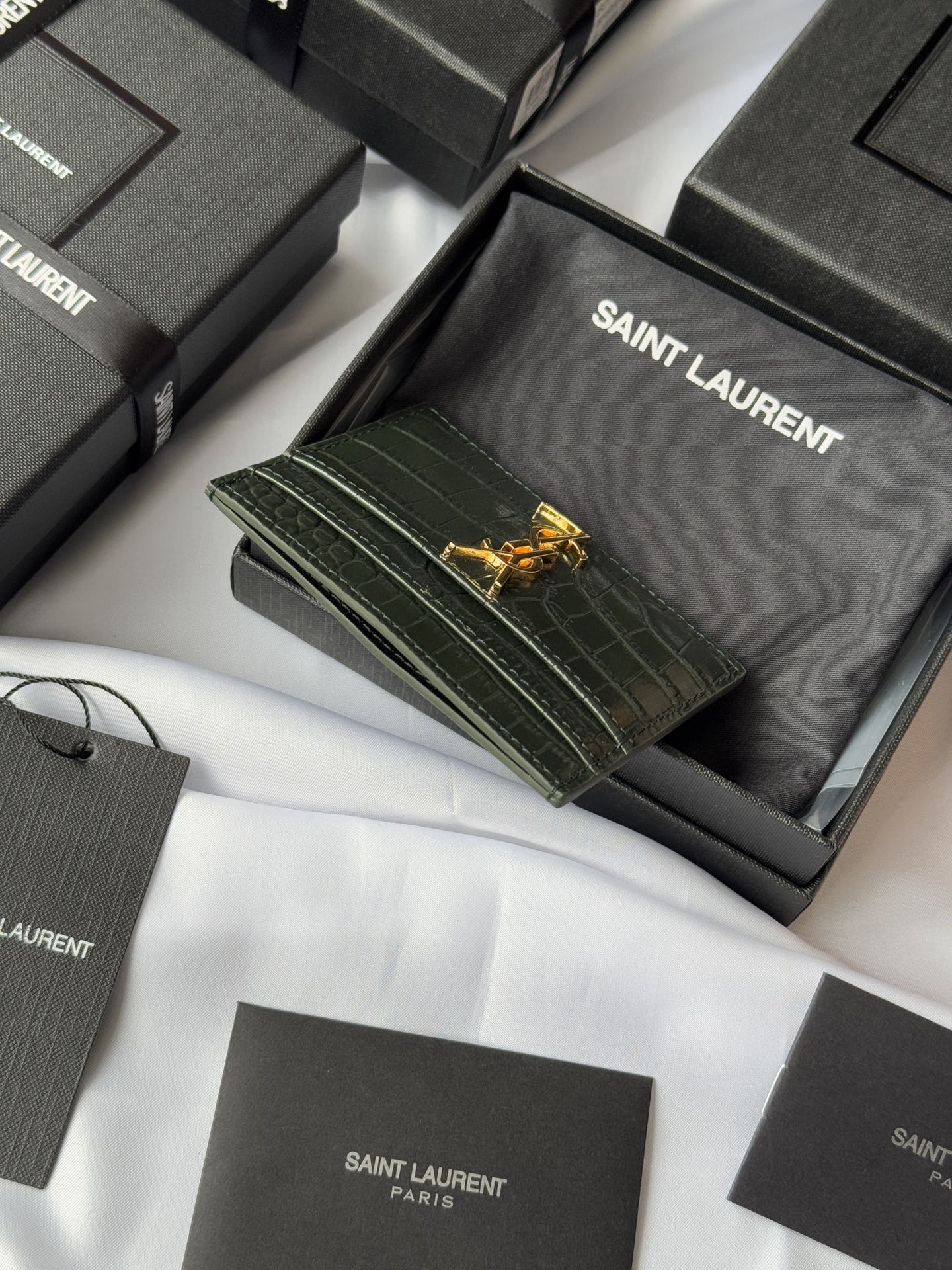 YSL Card Holder 10cm Wallet Dark Green Gold Leather 240561