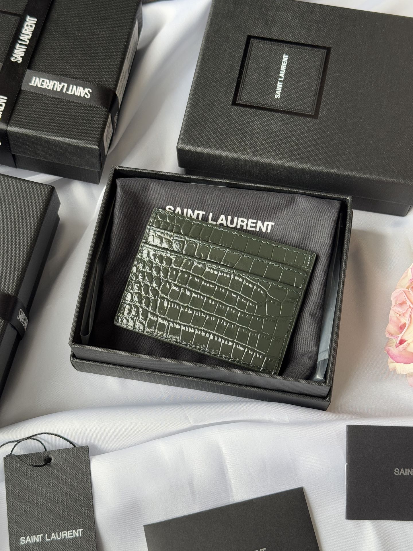 YSL Card Holder 10cm Wallet Dark Green Gold Leather 240561
