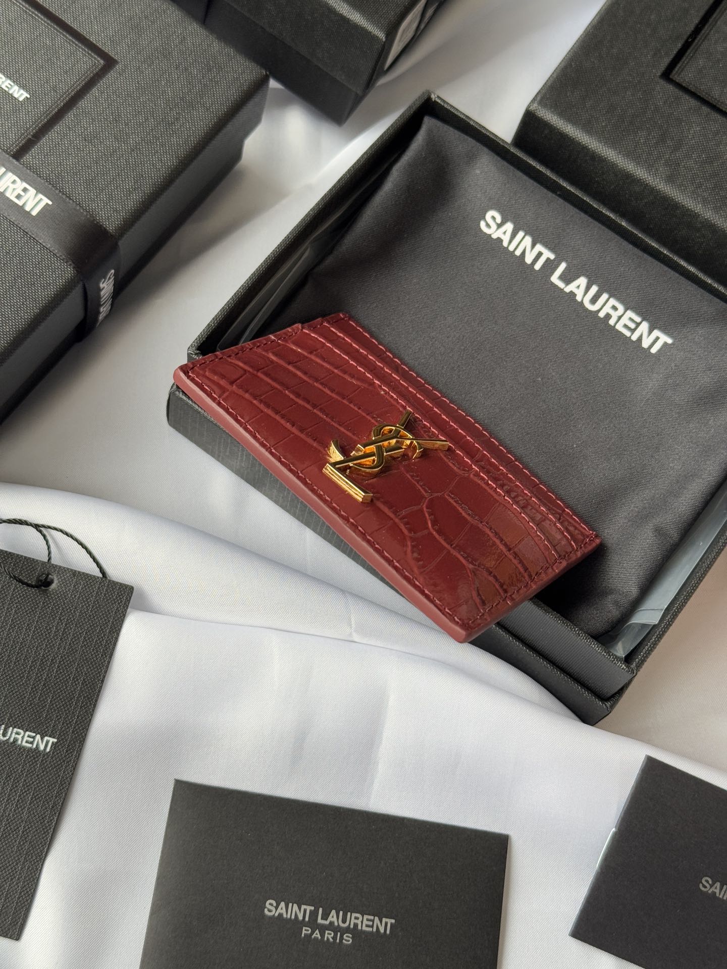 YSL Card Holder 10cm Wallet Burgundy Gold Leather 240559