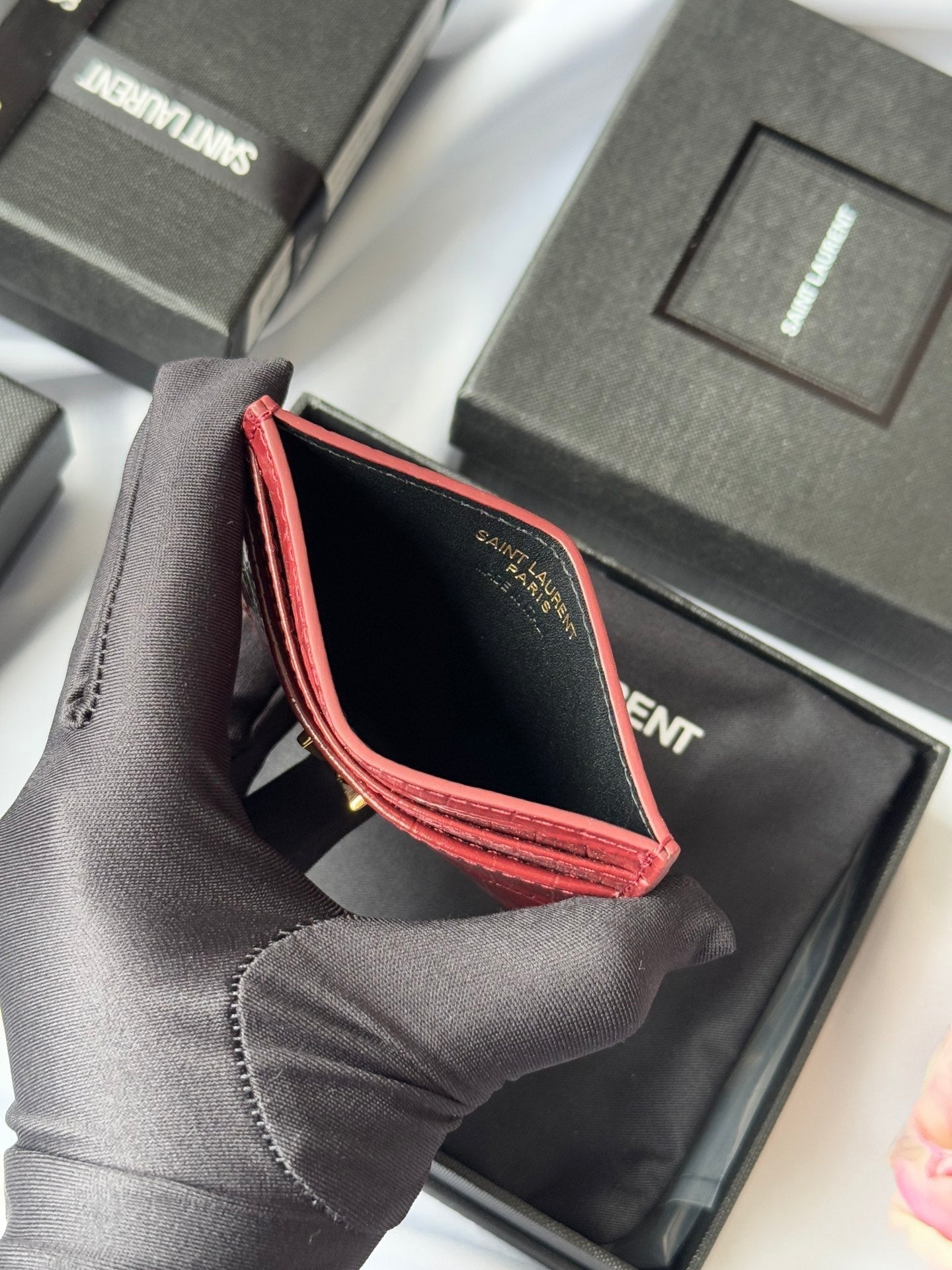 YSL Card Holder 10cm Wallet Burgundy Gold Leather 240559