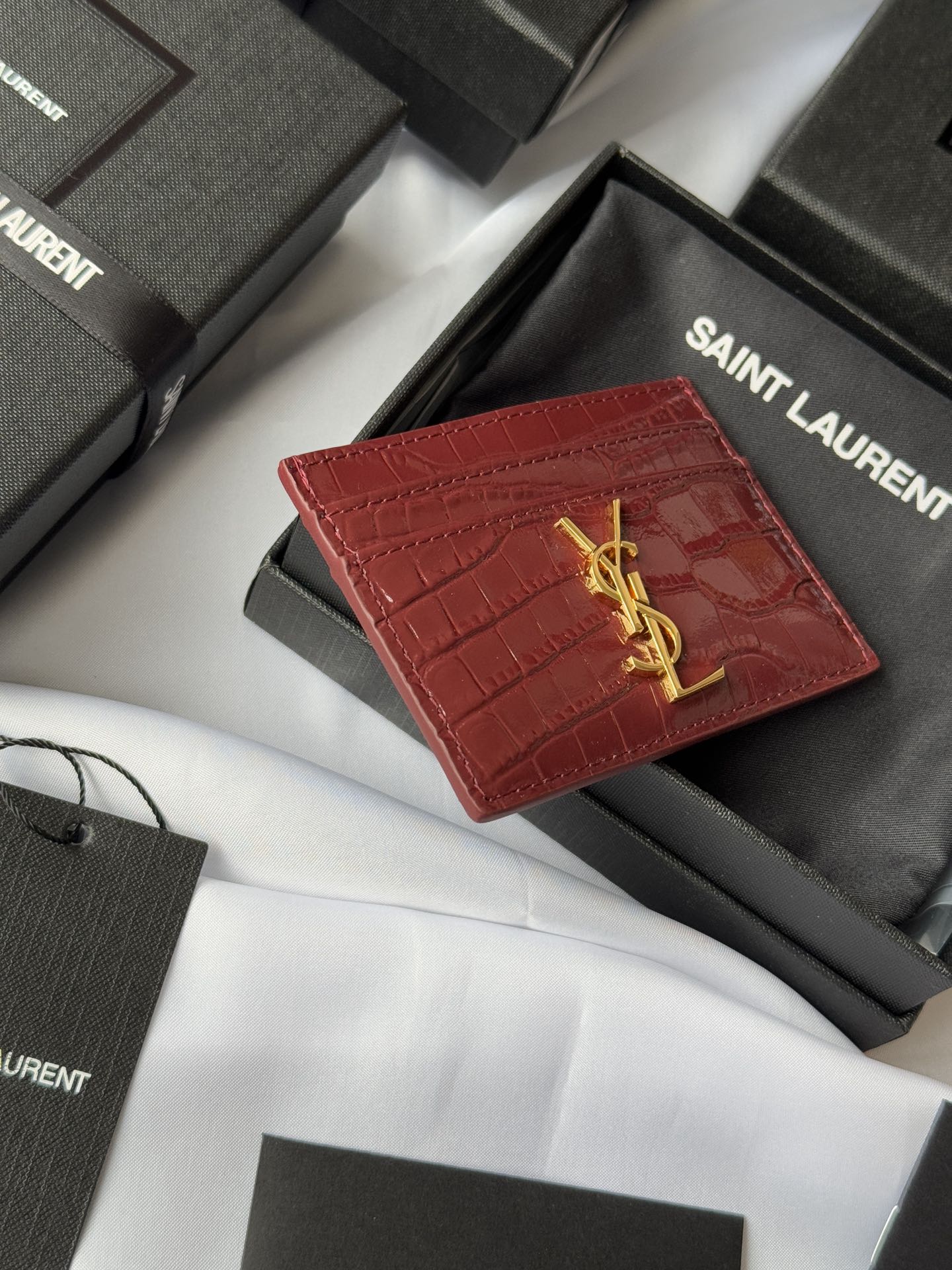 YSL Card Holder 10cm Wallet Burgundy Gold Leather 240559