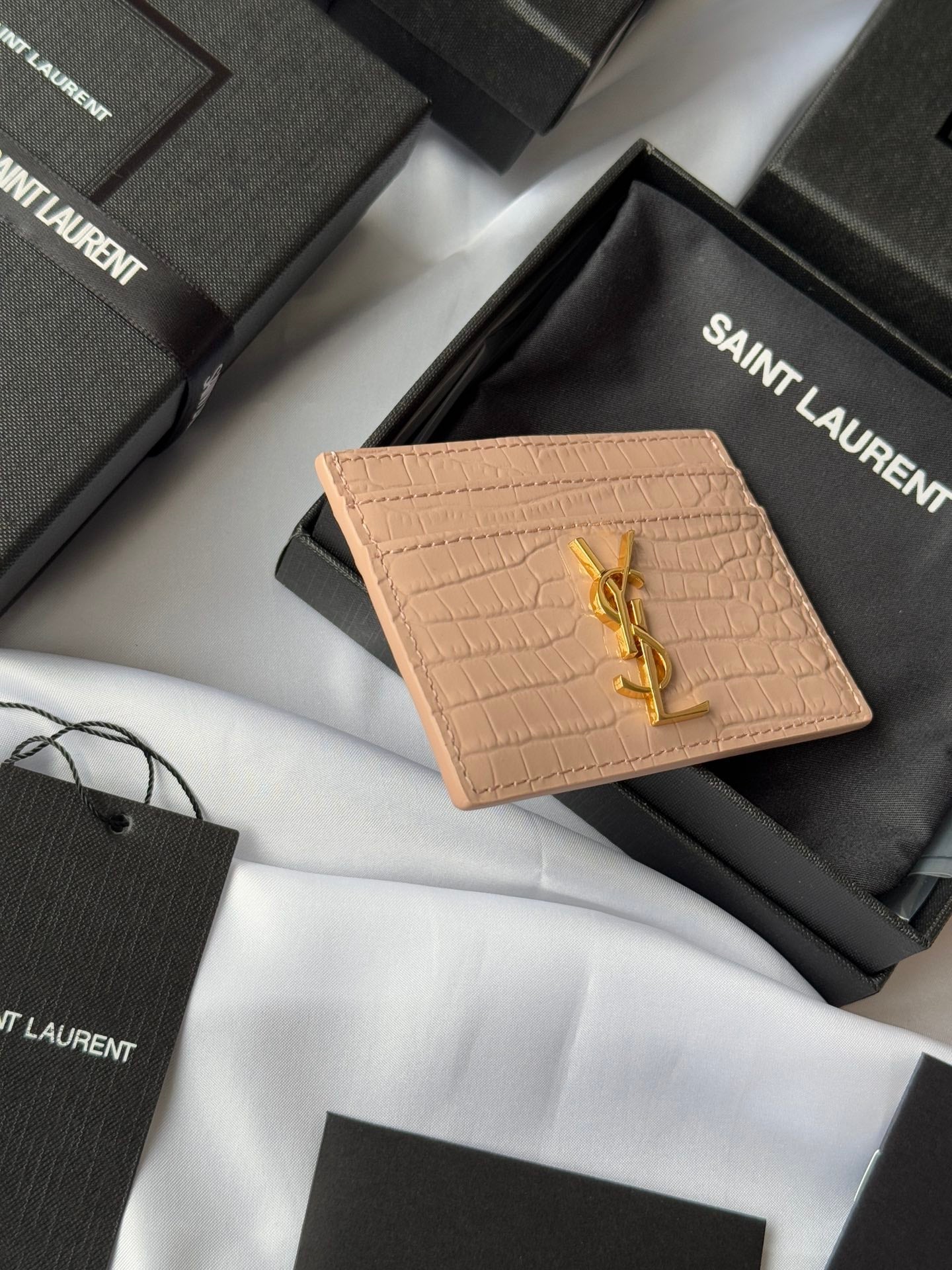 YSL Card Holder 10cm Wallet Pink Gold Leather 240557