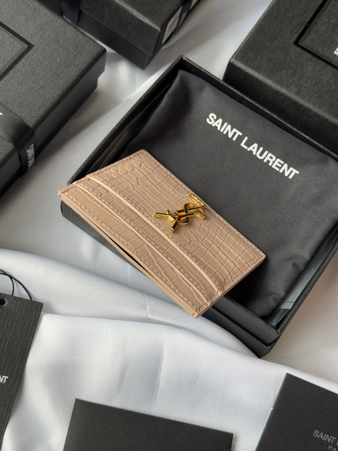 YSL Card Holder 10cm Wallet Pink Gold Leather 240557