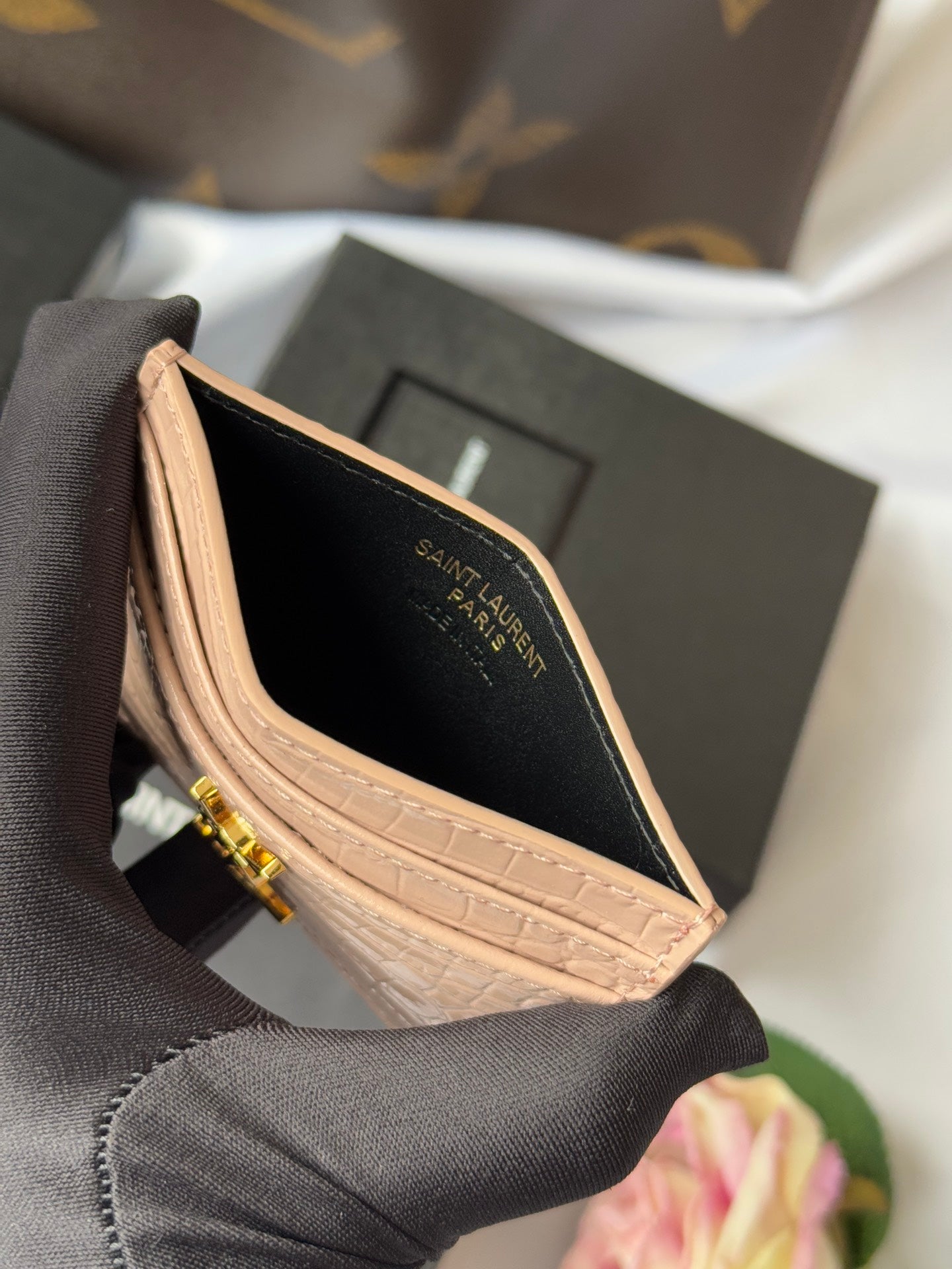 YSL Card Holder 10cm Wallet Pink Gold Leather 240557