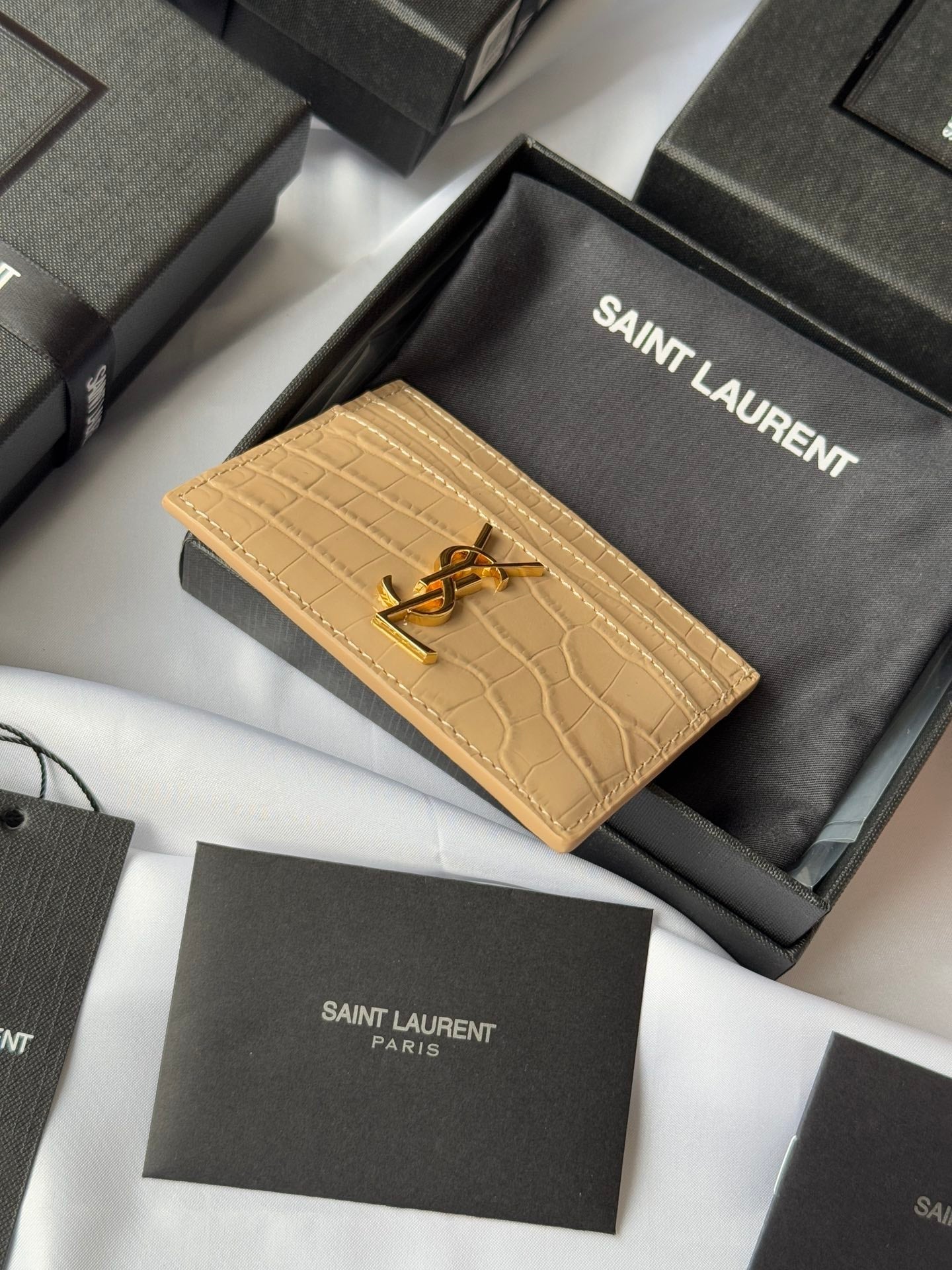 YSL Card Holder 10cm Wallet Beige Gold Leather 240555