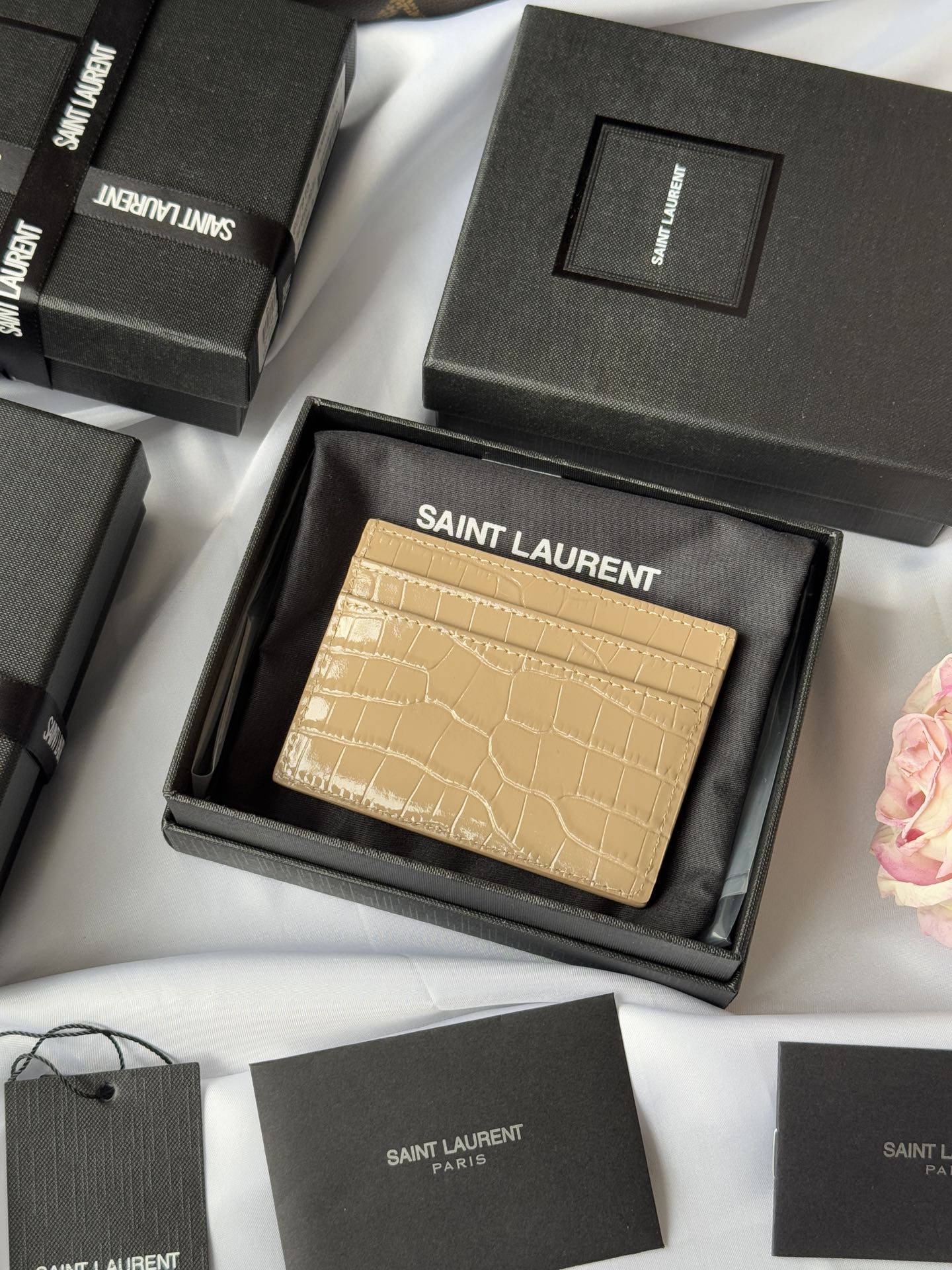 YSL Card Holder 10cm Wallet Beige Gold Leather 240555