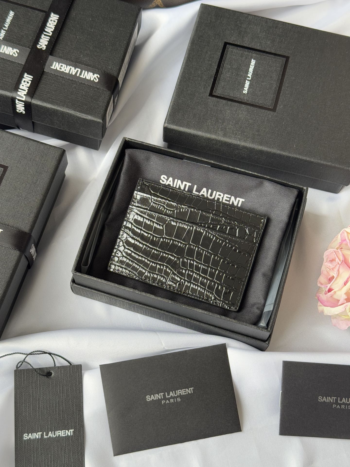YSL Card Holder 10cm Wallet Black Silver Leather 240554